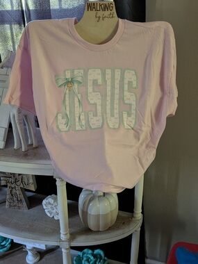 Gildan Pink JESUS Graphic Tee with Mint Bow Accent